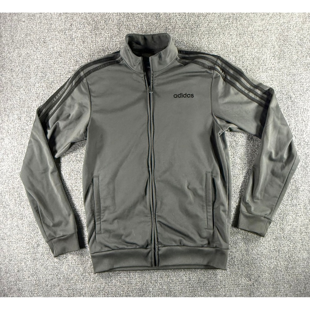 Adidas Mens Essentials Track Jacket Charcoal Grey Black 3-Stripe Full Zip Small